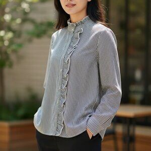 🩶Women’s Ruffle Detail Striped Button-Up Shirt | XXL (14) | NEW 🩶